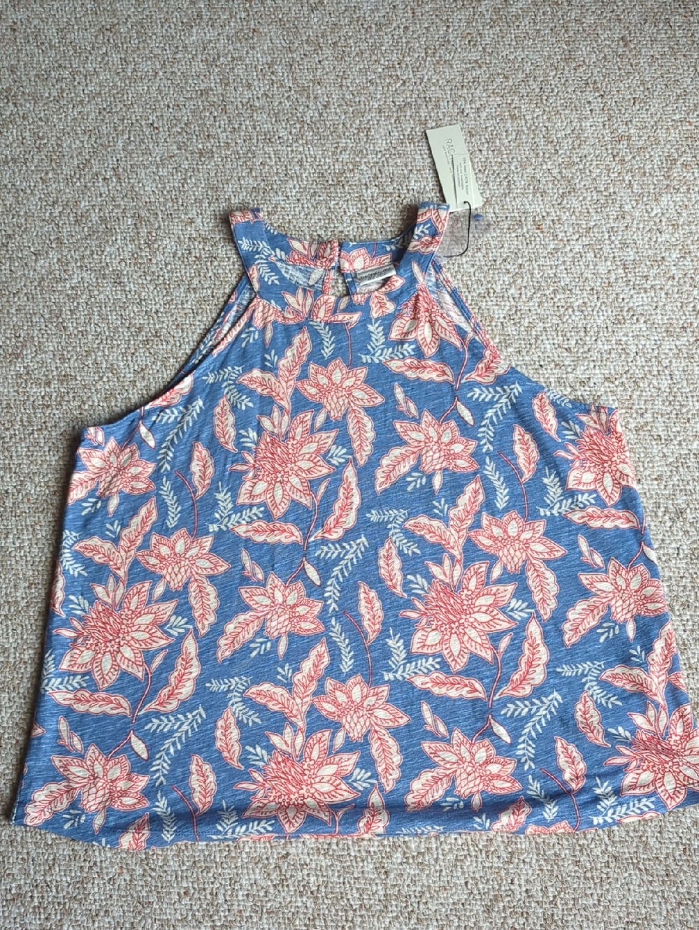 Rachel Zoe Linen Blend Blue Halter Tank with Coral Floral Print
